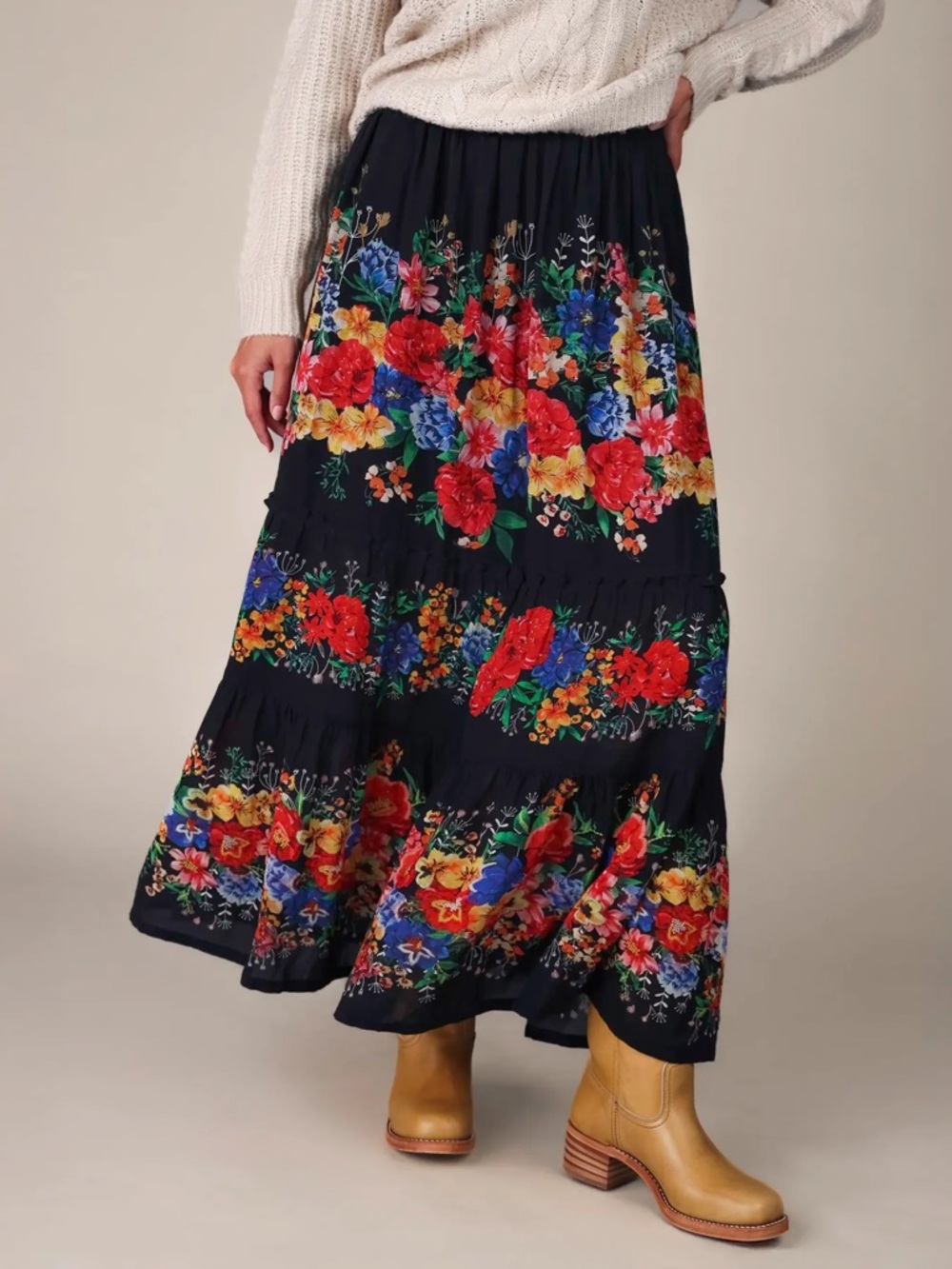 Natural Life Irina Floral Tiered Maxi Skirt Multicolor Floral Print Size M